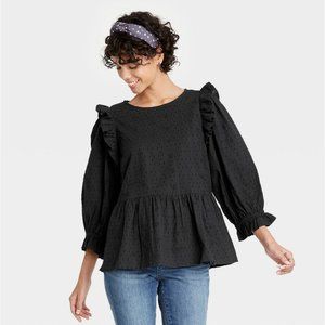 Women's Puff 3/4 Sleeve Embroidered Ruffle Top - Universal Thread XS, Charcoal